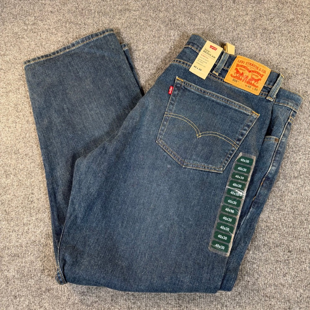 Levis 505 Regular Fit Stretch Jeans‎ Mens 40x30 Medium Wash Blue Denim 3255